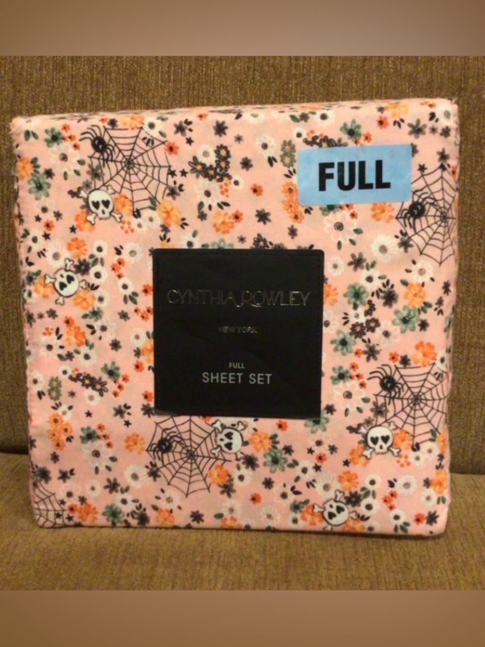 Cynthia Rowley Full Size Pink Halloween Sheet Set With Flowers Skulls And Webs
